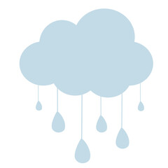 2d Light blue cloud with raindrops falling beneath, depicting rainy weather and climate conditions in a clean flat illustration style.

