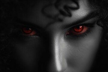 Close-up of a person's face with intense red eyes.