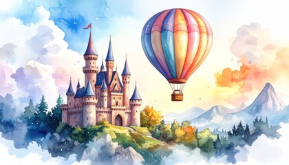 Obraz premium Whimsical watercolor painting of a majestic castle with hot air balloon soaring above.