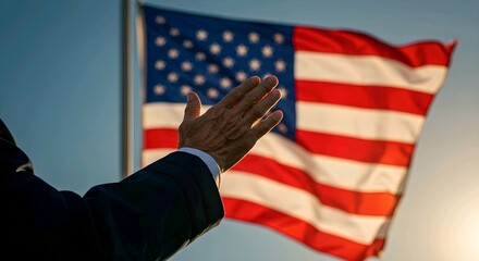 A person in a suit is waving at an American flag waving in the wind against a clear blue sky. AI Generated