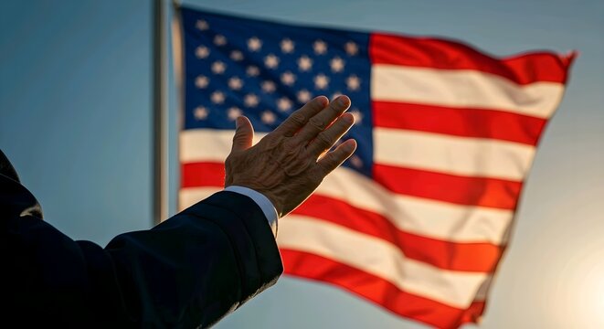 A person in a suit is waving at an American flag waving in the wind against a clear blue sky. AI Generated
