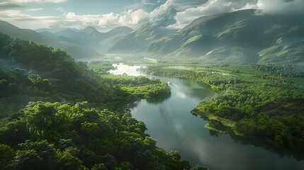 Lush green valley unfolds with winding river and majestic misty mountains under a dramatic sky
