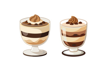 Delicious layered chocolate desserts in glass cups with whipped cream and chocolate shavings, isolated on white background