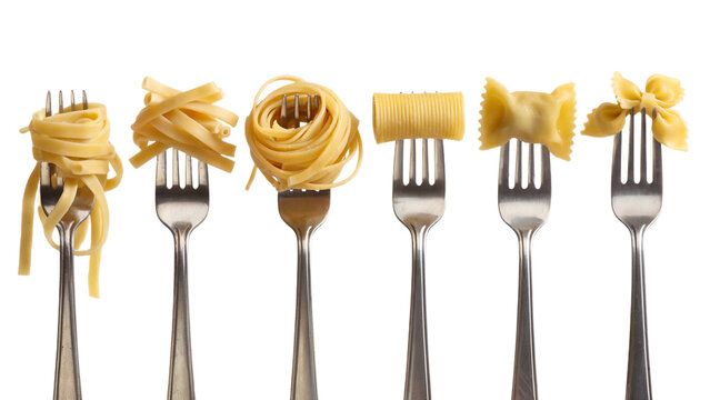Various types of pasta on forks italian cuisine food photography art png isolated on white background