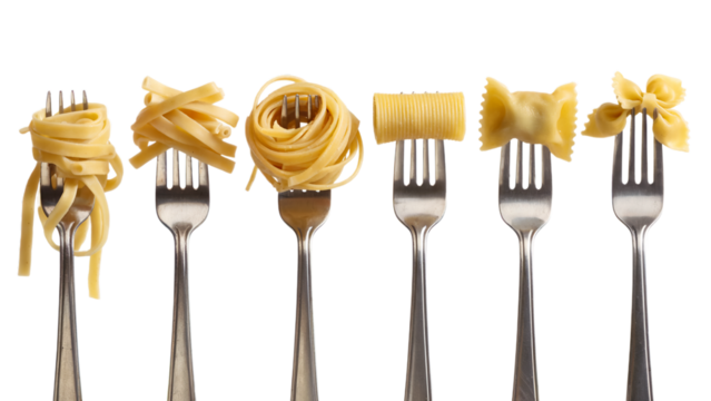 Various types of pasta on forks italian cuisine food photography art png isolated on white background