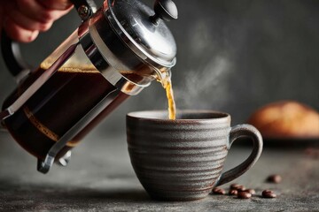 Coffee Brewing. French press pouring fresh coffee into a cup.