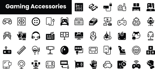 A collection of sleek black and white icons representing various gaming accessories, showcasing controllers, headsets, keyboards, and more for enthusiasts.
