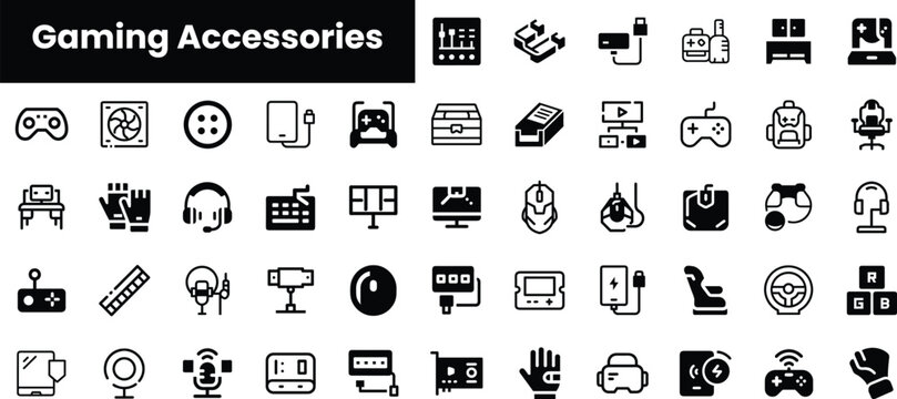 A collection of sleek black and white icons representing various gaming accessories, showcasing controllers, headsets, keyboards, and more for enthusiasts.