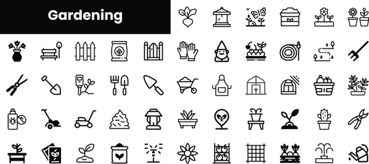 A collection of black and white gardening icons featuring tools, plants, and decorative elements, perfect for illustrating garden-related themes and activities.