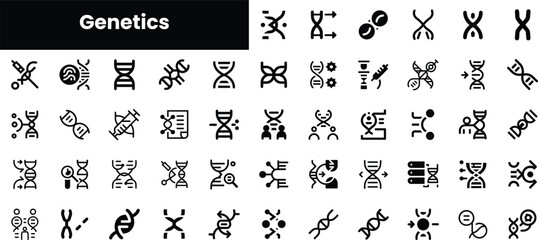 Diverse set of black and white genetic icons representing various aspects of genetics, including DNA structures, chromosomes, and molecular biology concepts.
