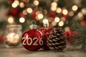 Red Christmas ornaments with the year 2026, surrounded by pine cones and a softly blurred festive background with lights.