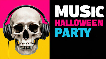 Music Halloween Party Skull with Headphones on Bright Bold Background