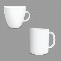 White Ceramic Coffee Cup and Mug Set Mockup. Realistic. Vector
