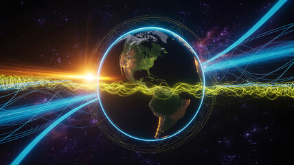 Obraz premium Earth surrounded by glowing blue energy streams and cosmic light