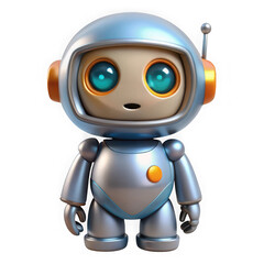 Cute friendly robot character wearing a silver helmet with bright blue eyes and orange accents isolated on transparent background