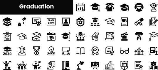 A collection of graduation-themed icons, showcasing diverse academic symbols such as caps, diplomas, and achievement awards in a minimalist black and white design.
