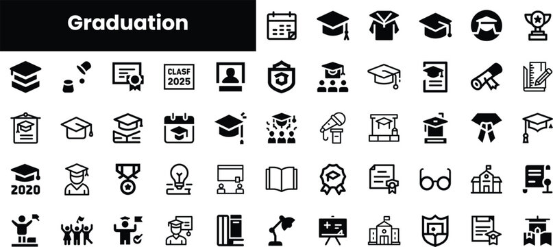 A collection of graduation-themed icons, showcasing diverse academic symbols such as caps, diplomas, and achievement awards in a minimalist black and white design.
