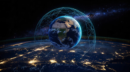 Digital network encircling planet earth with city lights below