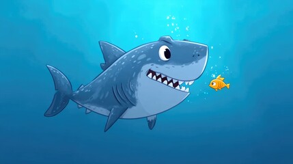 Fototapeta premium Friendly shark and tiny fish in the deep blue.