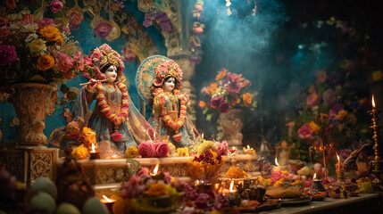 Radha Ashtami celebration photography, colorful temple interior with Radha-Krishna idols adorned with fresh flowers