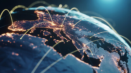 Global network connections illuminating the earth at night with light trails