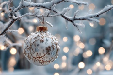 A decorative white Christmas ornament hangs from a frosted branch. Soft bokeh lights create a warm, festive atmosphere in the background.