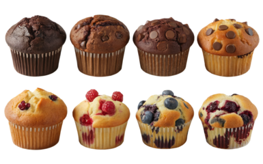 Assorted muffins chocolate blueberry raspberry muffins bakery goods food png isolated on white background