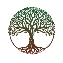 Circular Tree of Life symbol with a twisted trunk and interwoven branches. Green and brown vector graphic icon for logos and design. © Galih