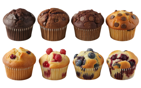 Assorted muffins chocolate blueberry raspberry muffins bakery goods food png isolated on white background