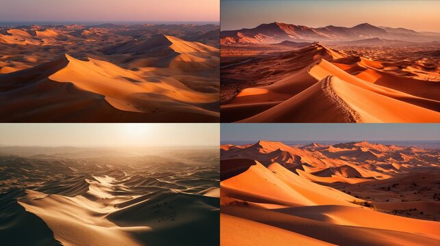 Quadruple desert landscape showcasing diverse dune formations bathed in warm, golden light at sunrise/sunset; varying atmospheric conditions and perspectives highlighting texture and scale