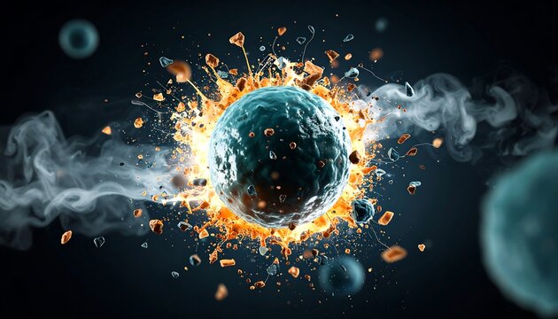 Exploding sphere with fiery debris and smoke trails