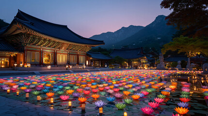 Samgwangsa Evening Rituals lantern display, vibrant rows of lotus lanterns glowing against twilight sky, temple architecture in background