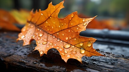 Fototapeta premium A stunning close-up of an autumn leaf glistening with water droplets.