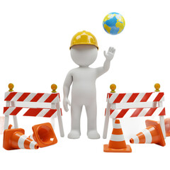 Construction Worker Figurine Wearing Yellow Helmet Surrounded by Traffic Cones and Barriers with Earth Globe