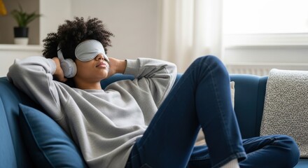 A young woman wearing headphones and a sleep mask, sitting on a blue couch with her legs crossed, enjoying a peaceful moment.