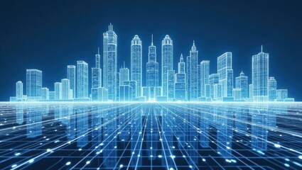 Fototapeta premium Futuristic Glowing Digital Cityscape with Neon Lights and Data Network Connections