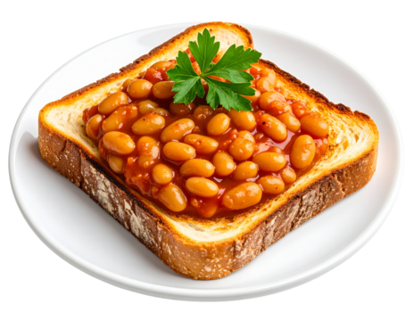 Classic Beans on Toast with Parsley Garnish, Front Angle on White Plate, Isolated PNG