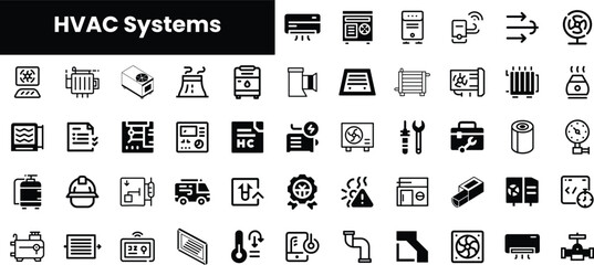 A comprehensive collection of HVAC system icons, featuring various heating, ventilation, and air conditioning devices in a clean, minimalist design.
