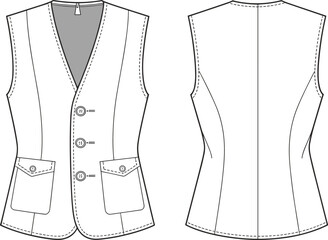 Women’s sleeveless vest fashion flat sketch, V-neck button front waistcoat, flap pocket detailing, fitted silhouette, technical garment drawing, vector design template, apparel outline