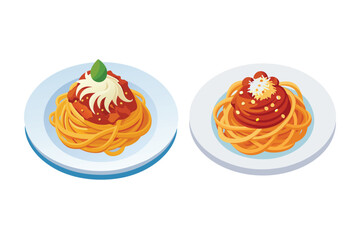 Plates of appetizing spaghetti with rich tomato sauce and garnished with fresh basil and grated cheese, representing classic italian cuisine, isolated on white background