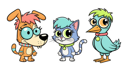 Fototapeta premium Cartoon illustration of a dog, cat, and bird standing together, all with large eyes and colorful accents.