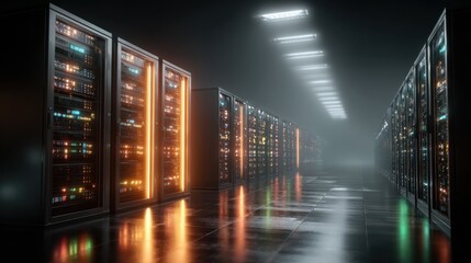 Rows of illuminated server racks fill the space of a data center during nighttime.