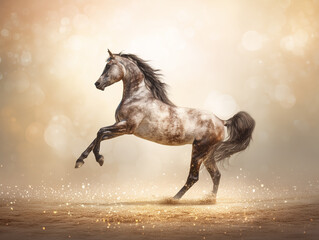 Majestic horse rearing up in a golden light during a tranquil moment