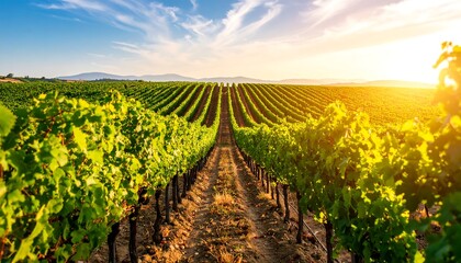 Obraz premium Scenic vineyard landscape at sunset evoking a sense of tranquility and rural beauty