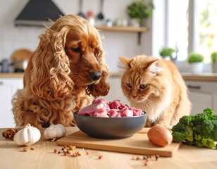 Dogs and cats eating raw meat