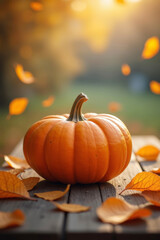 Orange pumpkin with vibrant fall leaves on rustic wooden table in autumn park. Natural light, harvest season, cozy Thanksgiving and seasonal decoration concept