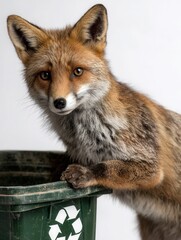 Fototapeta premium Curious Fox Near Green Recycling Bin in Studio Setting