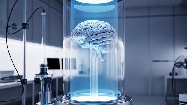 Futuristic laboratory showcases glowing brain in advanced neural interface technology research