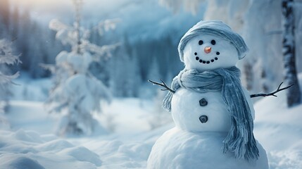 Obraz premium A charming snowman enjoys a winter day, bundled up with a hat and scarf.