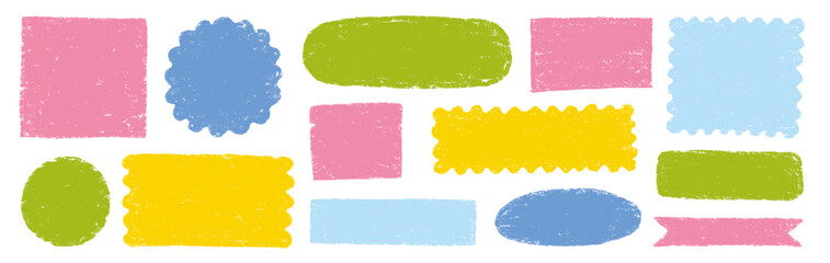 Doodle brush crayon shape frame set. Hand drawn paint box, circle border label, pastel text frame in rough chalk brush texture. Cute color scribble square, round shape background. Vector illustration